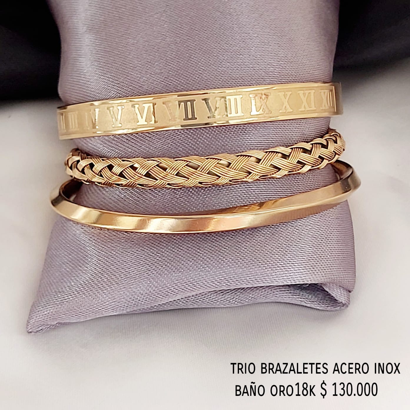 Trío brazalete acero inox baño oro18k