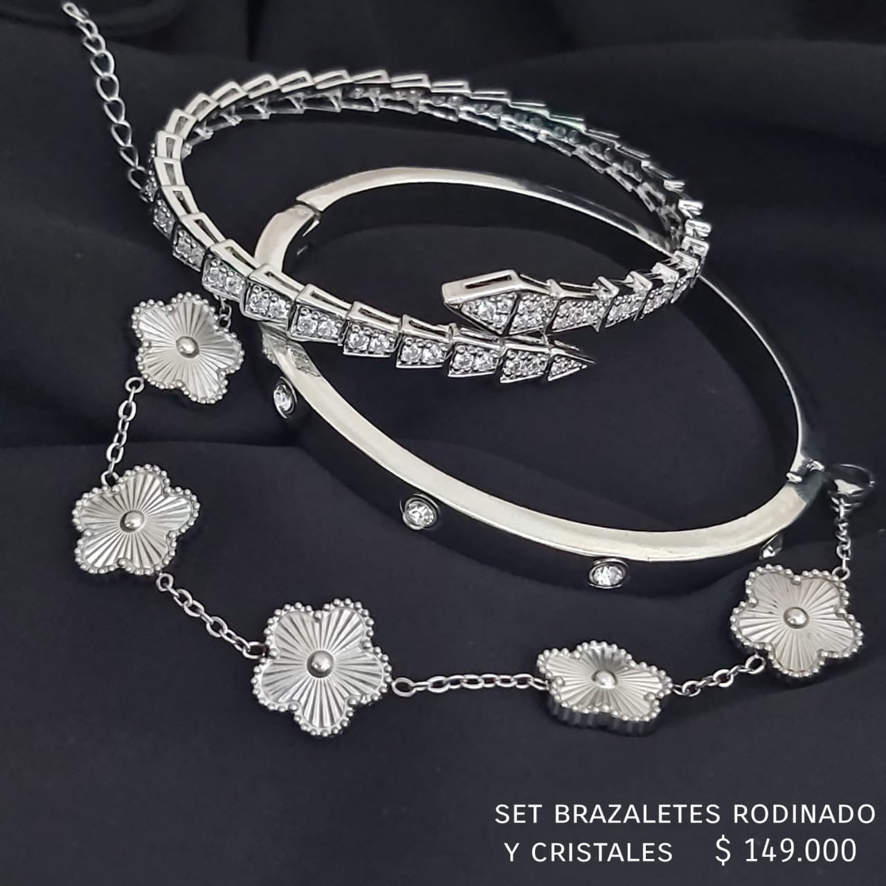 Set 3 brazaletes plateado rodinados y cristal