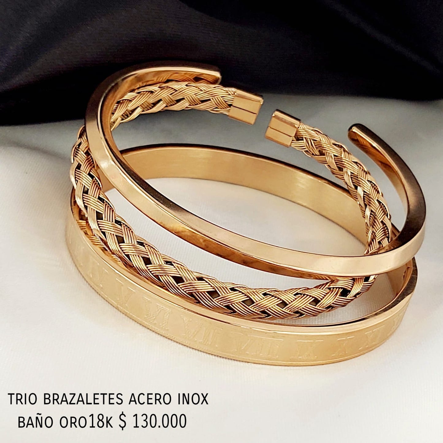 Trío brazalete acero inox baño oro18k
