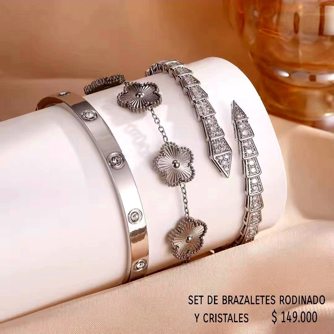 Set 3 brazaletes plateado rodinados y cristal