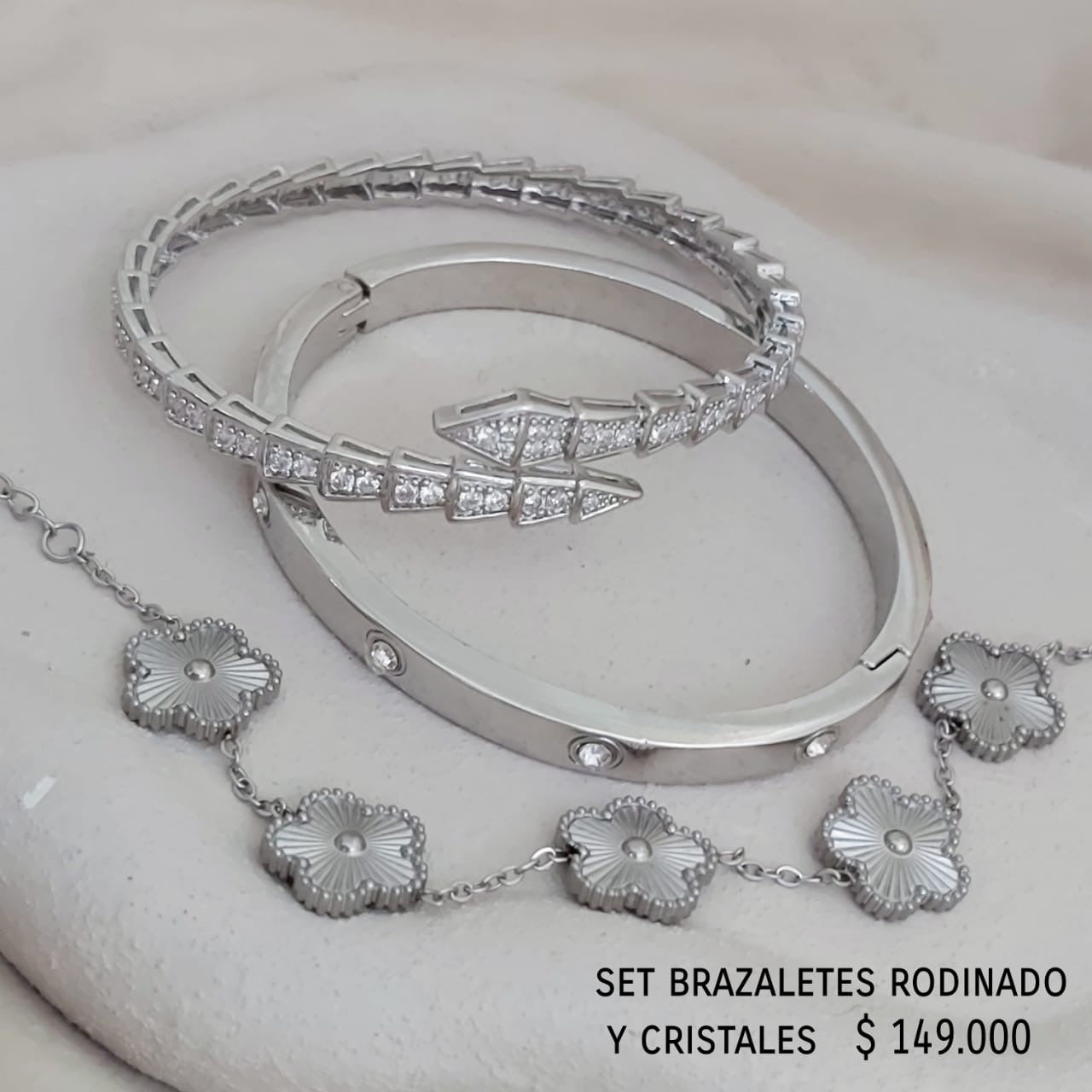 Set 3 brazaletes plateado rodinados y cristal