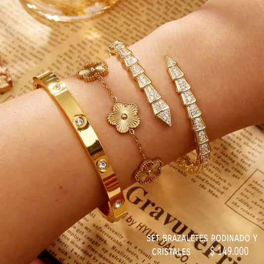 Set 3 brazaletes dorado rodinado y cristales
