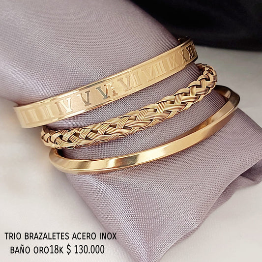 Trío brazalete acero inox baño oro18k