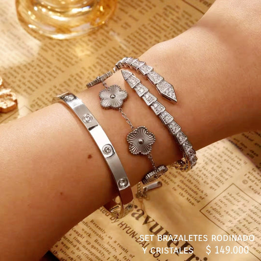 Set 3 brazaletes plateado rodinados y cristal