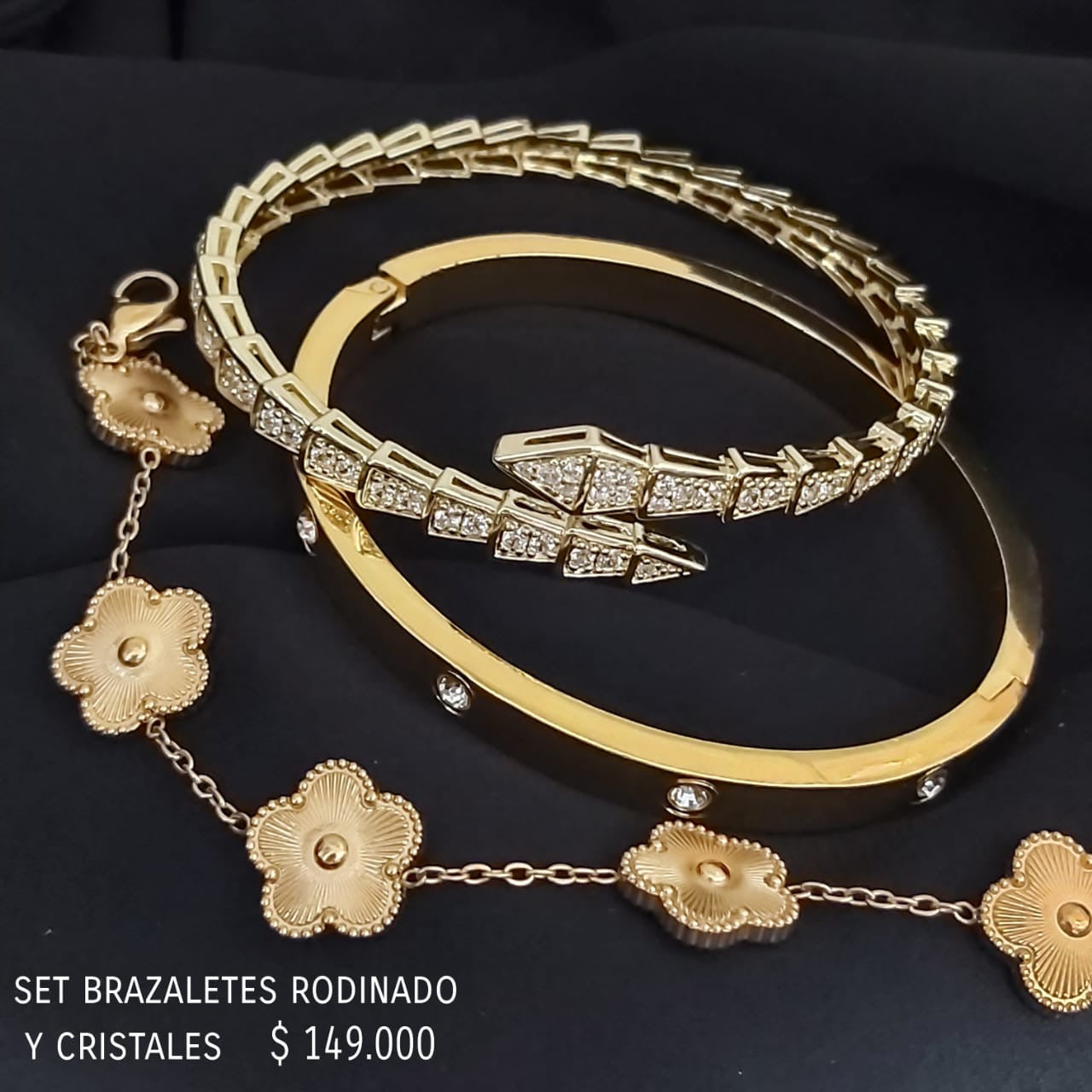 Set 3 brazaletes dorado rodinado y cristales