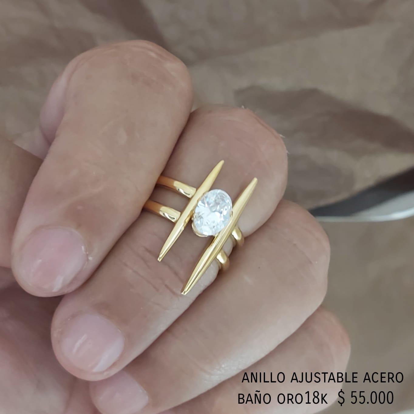 Anillo ajustable acero inox baño oro18k