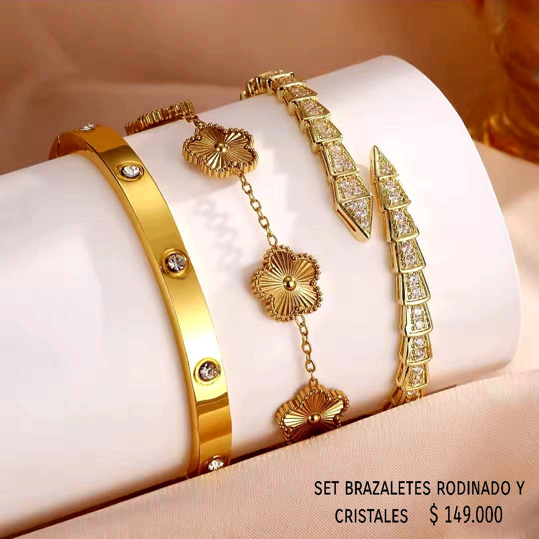 Set 3 brazaletes dorado rodinado y cristales