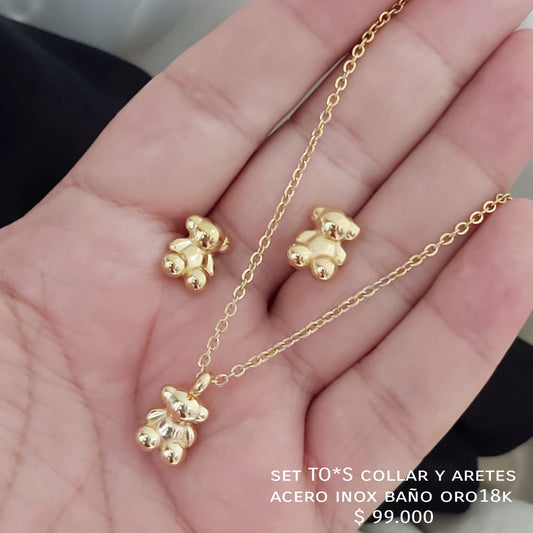 Set TO*S collar y aretes acero inox baño oro 18k